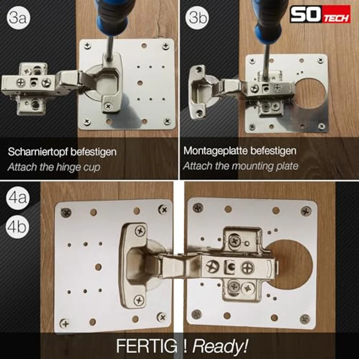SOTECH 2 x Topfband Reparaturplatten Edelstahl 90 x 90 x 0,53 mm, Reparaturset für Topfbänder mit Ø35 mm, Schrankscharnier Topfscharnier, Edelstahl SS430 – Bild 5