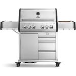 BURNHARD Big EARL 4-Brenner Gasgrill Edelstahl inkl. Heckbrenner, mit Gusseisen Grillrost & stabiler Abdeckhaube, Seitenkochfeld mit Infrarot Keramikbrenner, Silber