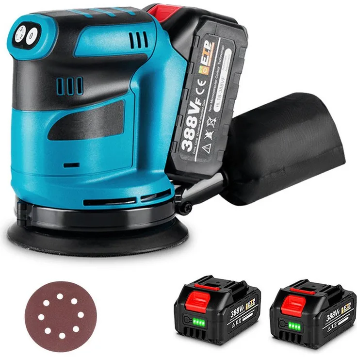 ONEVAN Akku-Exzenterschleifer 125mm, Bürstenloser Elektroschleifer mit 3-Gang-Einstellung, 12000 U/min, blau, inkl. 2 Akkus & Staubbeutel