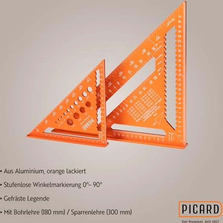 PICARD Zimmermannswinkel Set 180 mm mit Bohrlehre & 300 mm mit Sparrenlehre, Präzise Anschlagwinkel für Holzbau und Dachkonstruktion – Bild 3