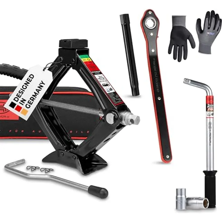HEYNER® Ultra Lift XS PRO, Scherenwagenheber Set mit drehbarem Sattel, Radmutternschlüssel und Montagehandschuhen, 0,8 t Traglast, Schwarz
