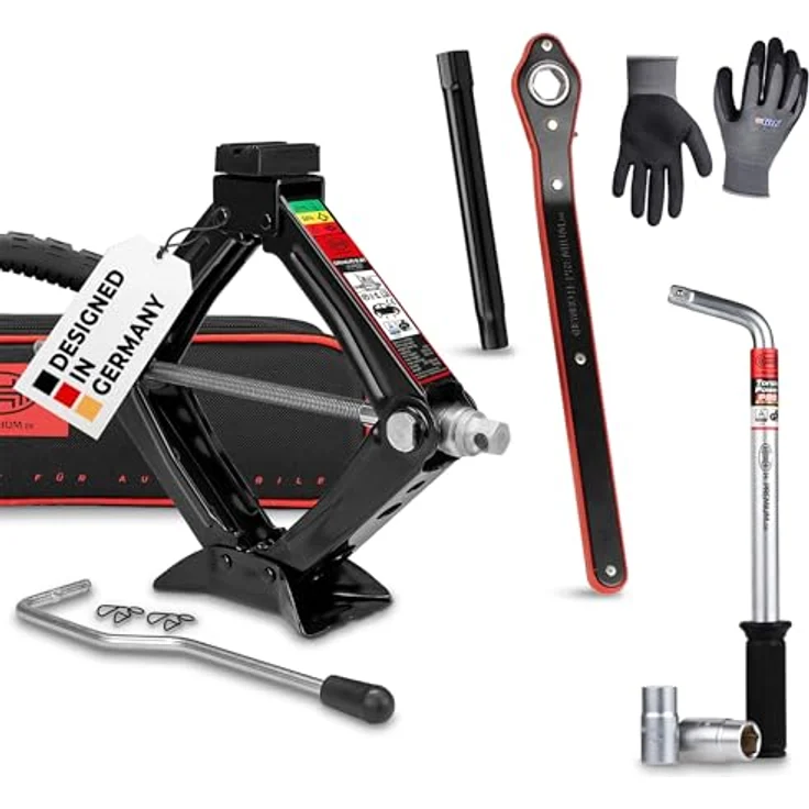 HEYNER® Ultra Lift XS PRO, Scherenwagenheber Set mit drehbarem Sattel, Radmutternschlüssel und Montagehandschuhen, 0,8 t Traglast, Schwarz – Bild 1