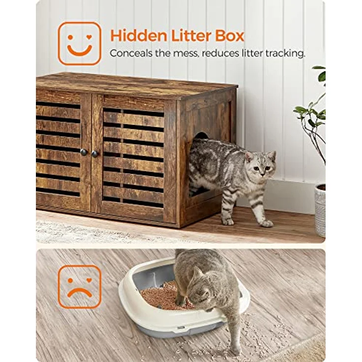 Feandrea Katzenklo-Schrank, Katzenhaus mit herausnehmbarer Trennwand, 2 Lamellentüren, Katzentoilette, Beistelltisch, 80 x 53 x 49 cm, vintagebraun – Bild 4