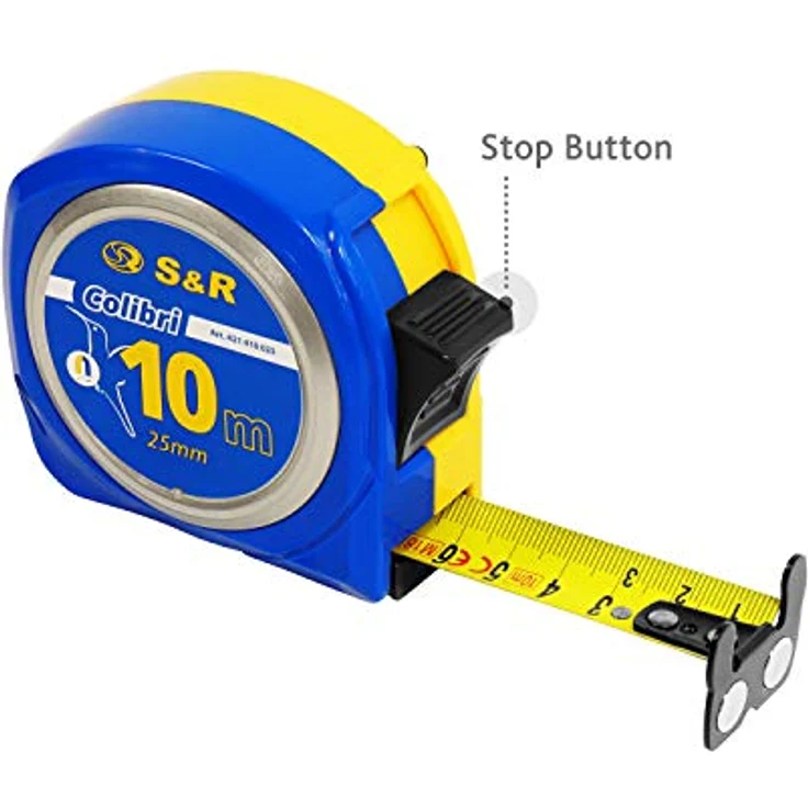 S&R Bandmaß 10 m x 25mm mit MAGNET-Haken, KOMPAKTE Rollmeter Nylon-beschichtetes Massband, schlagfestes Gehäuse, Feststeller, Metermaß mit Gürtelclip, Blau – Bild 4