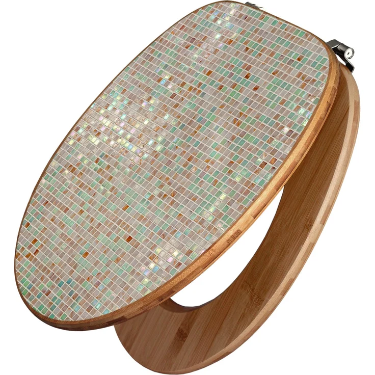 Banjado WC Sitz Bambus Toilettendeckel mit Motiv Grüne Fliesen, universelle Scharniere, 44 cm x 38 cm, schutzlaminiert, stabil und hygienisch