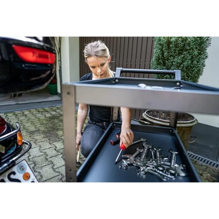 Vigor Servicewagen, stabiler Werkstattwagen aus Stahlblech, 3 Höhenverstellbare Böden, Tragkraft 120 kg, unbestückt – Bild 3