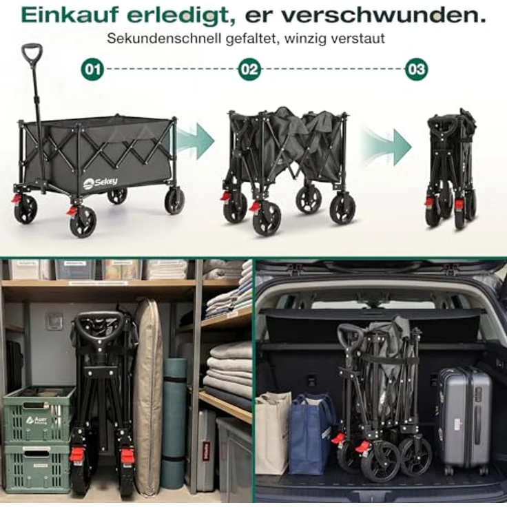 Sekey Bollerwagen XXL 4026, Faltbar mit 135L Volumen, 150KG Belastbar, Geländereifen mit Bremse, 4-Wege-Sofortaufbau, Anthrazit – Bild 4
