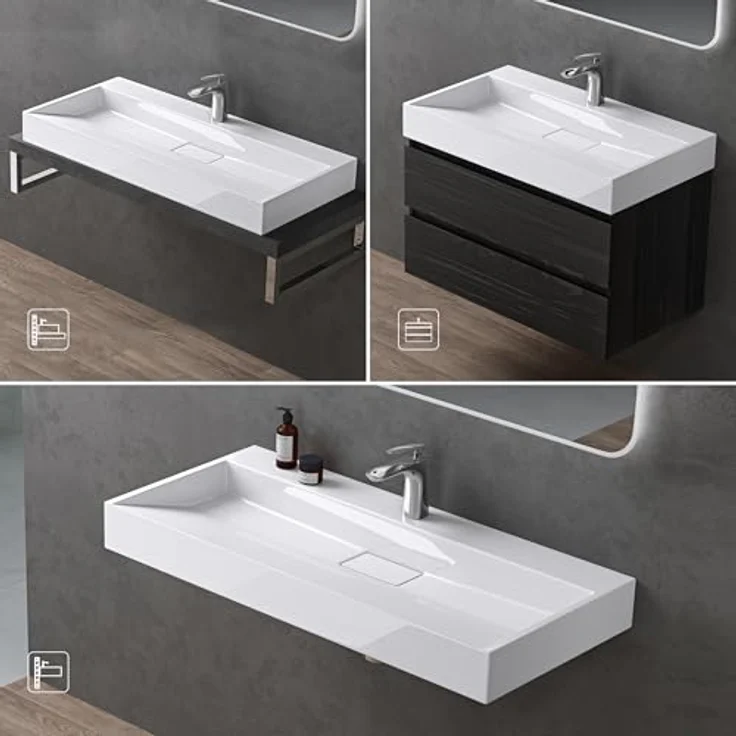 doporro Aufsatzwaschbecken Waschbecken Col19 Gussmarmor Waschtisch inkl. Ablaufgarnitur, mit Hahnlöcher in eleganter Eckform, hochreiner Gussmarmor, einfache Montage - Weiß – Bild 4