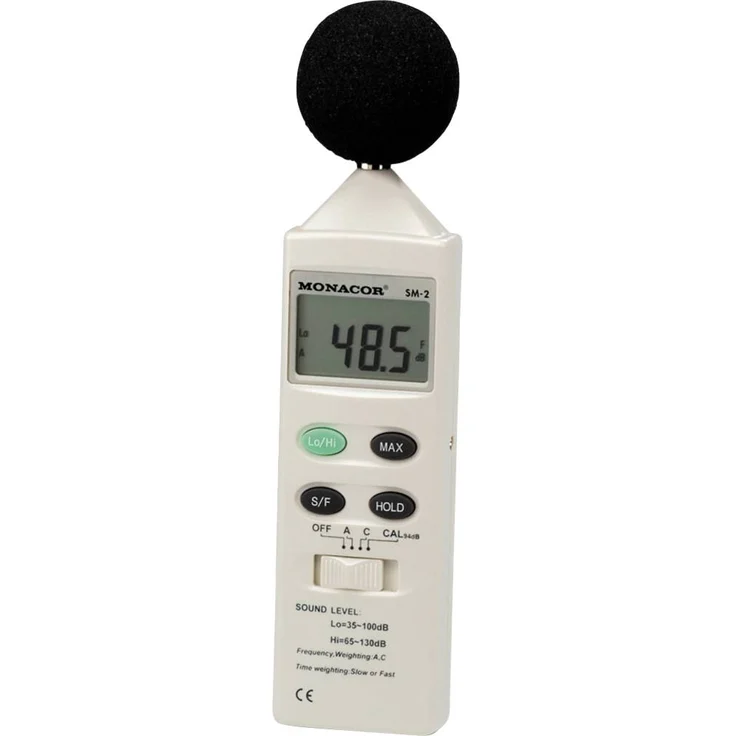 Monacor Schallpegel-Messgerät SM-2, Klasse 2, 35 - 100 dB, 31.5Hz - 8000Hz, Einhandbedienung, Nylon-Tragetasche – Bild 1