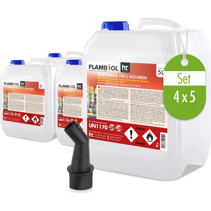 Höfer Chemie 4x 5 L FLAMBIOL® Bioethanol 100 % Hochrein, rückstandsfreie und geruchsfreie Verbrennung, bläuliche Flamme