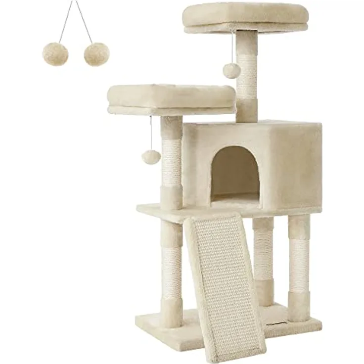 Feandrea Kratzbaum klein, Katzenbaum mit Kratzbrett, 115 cm, vollständig mit Sisal umwickelte Säule, beige Plüsch
