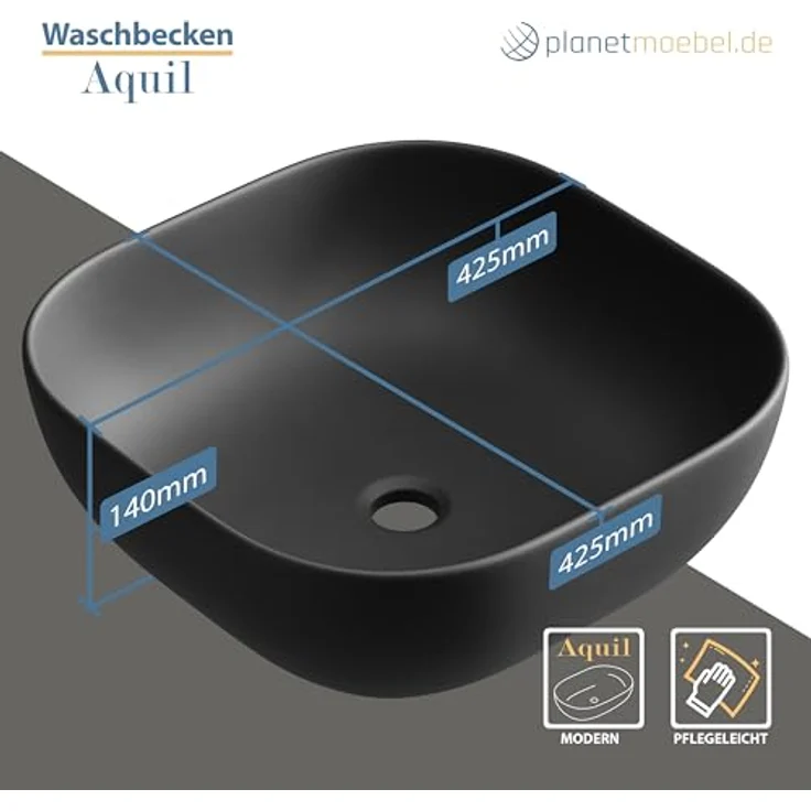 Planetmöbel Aufsatzwaschbecken Aquil, Keramik Waschbecken 42 cm, quadratisch, schwarz, ohne Hahnloch und Überlauf – Bild 2