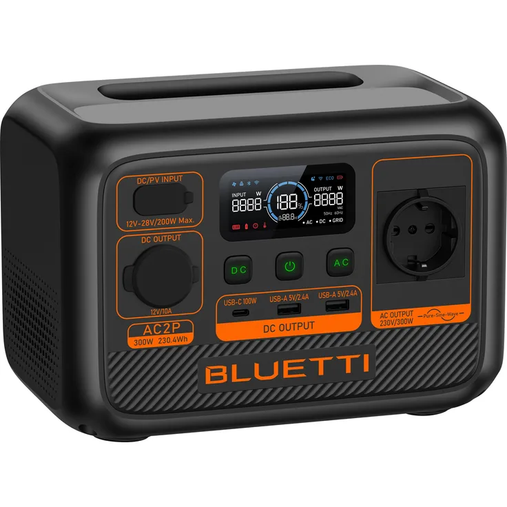 Bluetti AC2P, Tragbare Power Station mit 230.40 Wh und 300W Leistung, leicht und kompakt für Camping und Notfälle