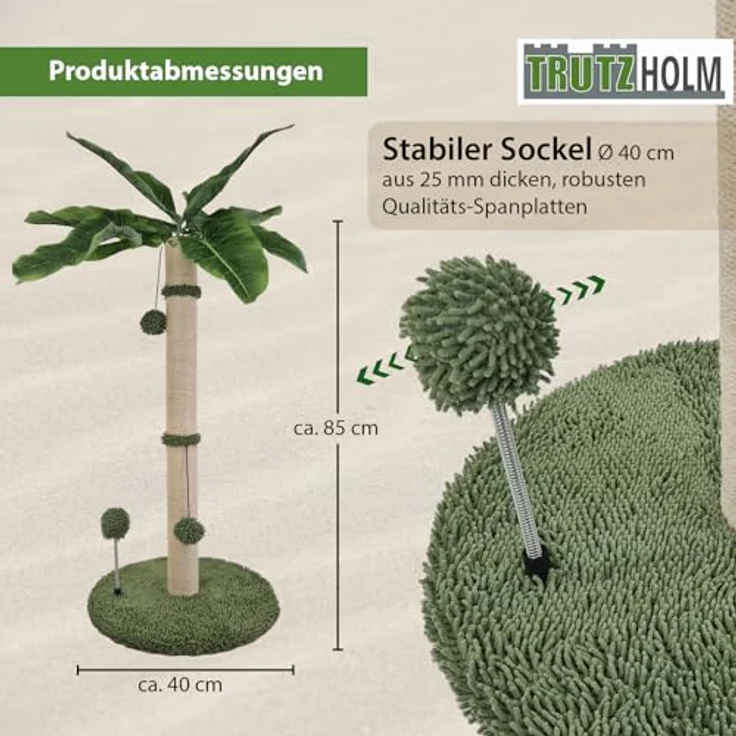 TRUTZHOLM Kratzbaum Palme ca. 85 cm Höhe Kratzsäule mit widerstandsfähigem Sisal zum Krallen wetzen 3 Bällen zum Spielen Katzenkratzbaum Kletterbaum natürliches Design I Stabiler, weicher Sockel – Bild 3