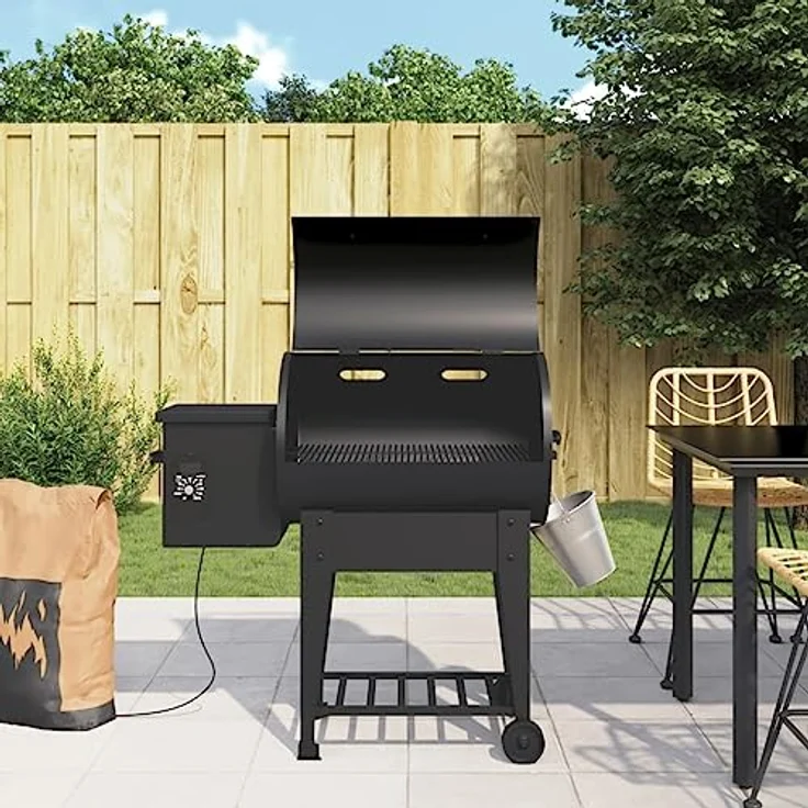vidaXL Pelletgrill mit Ablage, Pelletsmoker mit Altöl Behälter, Holzpelletgrill mit großem Temperaturbereich, Grillwagen Pellet Grill, Schwarz Eisen – Bild 2