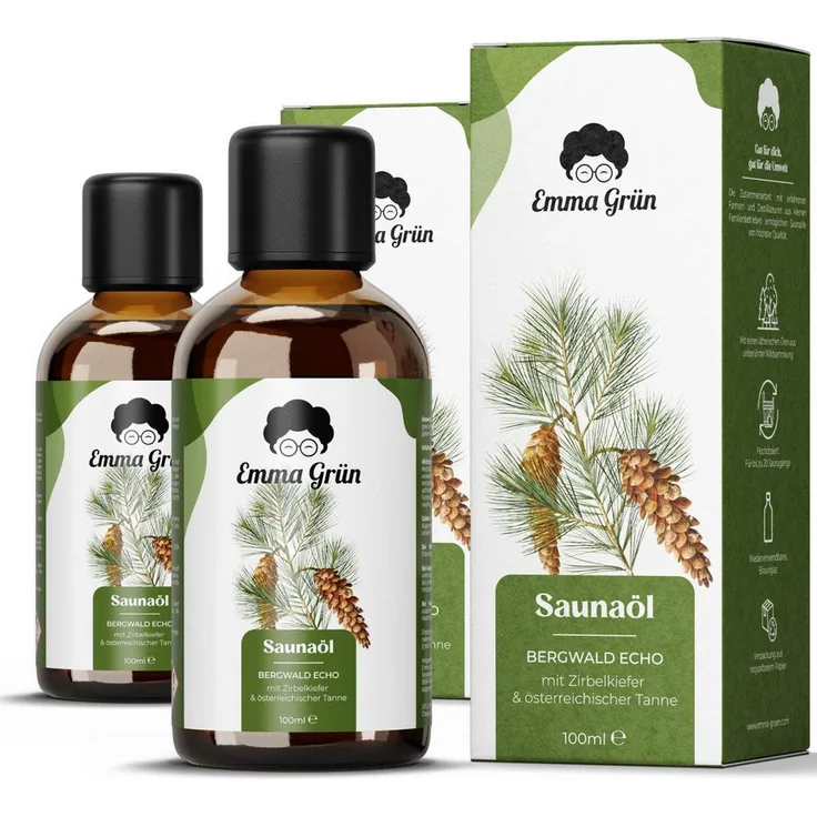 Emma Grün Zirben Sauna-Aufgussset, 100 ml Naturreines Öl mit Zirbelkiefer & österreichischer Tanne, holzig-würziger Duft für 10–20 Saunagänge