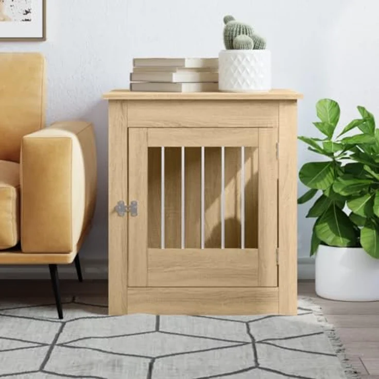 vidaXL Hundekäfig im Möbelstil, Sonoma-Eiche 64,5x80x71cm Holzwerkstoff, Abschließbar Hundebox mit Tür, 2-in-1-Funktion – Bild 3