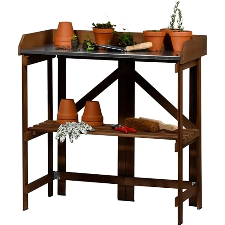 dobar® Klappbarer Pflanztisch aus Massivholz, Faltbarer Umtopftisch mit verzinkter Arbeitsplatte, 85 x 44 x 89 cm, dunkelbraun, wetterfest lasiert – Bild 1