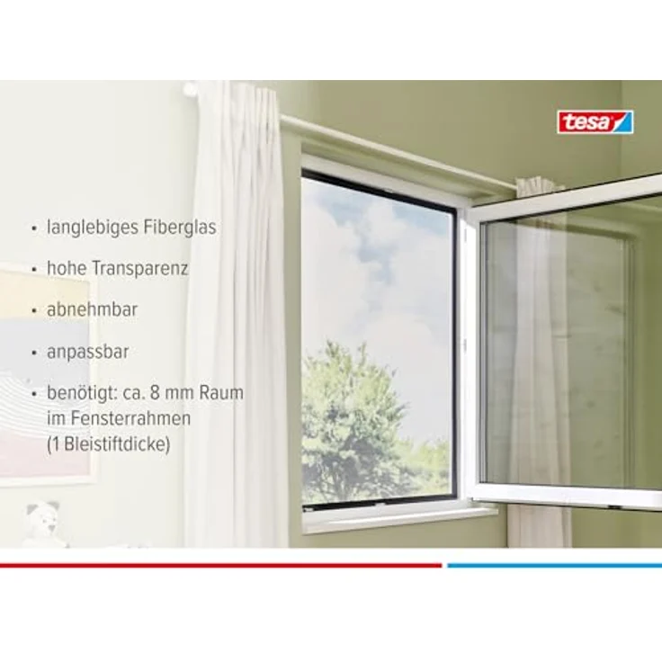 tesa Insect Stop Clip On - Fliegengitter zum Einklicken am Fenster - zuschneidbarer Rahmen, Netz aus langlebigem Fiberglas, Selbstklebende Halte-Klips - 1 x 1,2 m - Anthrazit – Bild 2