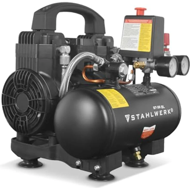 STAHLWERK Kompressor ST-38 BL, ölfreier 8 bar Druckluftkompressor mit 1,22 PS, 3 L Kesselinhalt und 170 l/min Luftdurchsatz, leise mit 65 dB – Bild 1