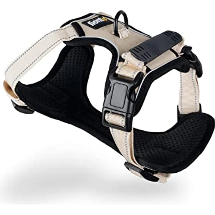 lionto Hundegeschirr gepolstert aus Nylon, Größe M, reflektierend mit 2 Ringen & 4 Einstellgurten, beige – Bild 1