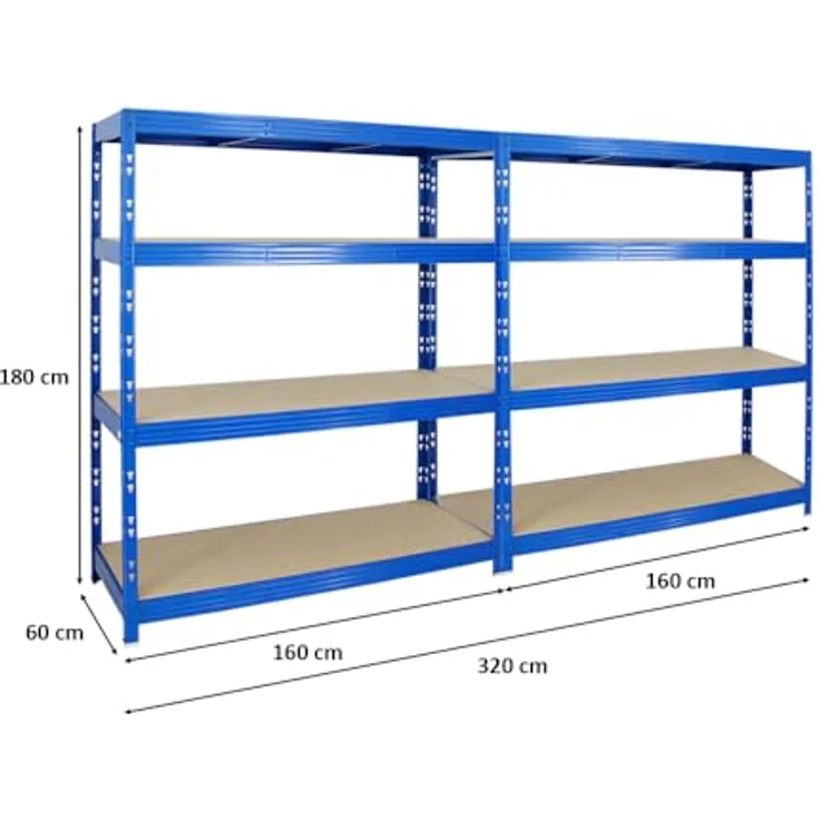 Proregal Schwerlastregal Mega Deal Profi RHINO, 180 x 160 x 60 cm, Traglast 500 kg pro Boden, 4 höhenverstellbare Böden, Steckmontage, Blau – Bild 2