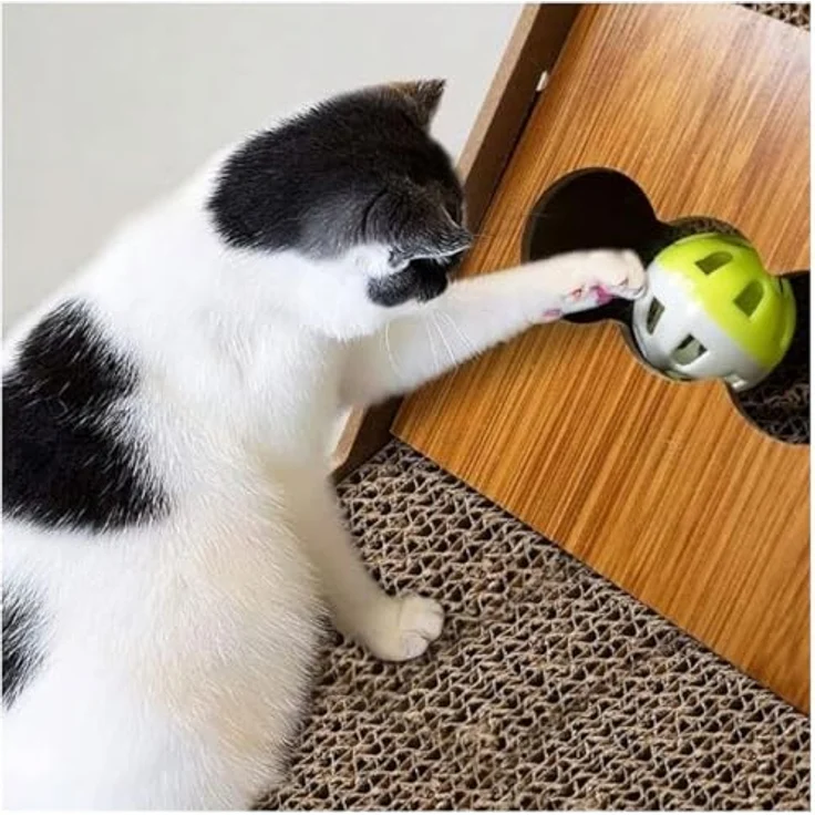 QLS Katzenkratzbrett aus Wellpappe und MDF, L-förmig, mit Spielball und Katzenminze, für große und kleine Katzen – Bild 5