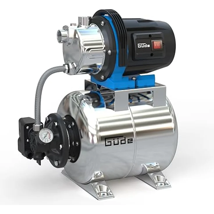 Güde HWW 1000 ES, Hauswasserpumpe mit 1000 W Leistung, 3800 l/h Fördermenge, silber, 20 l Edelstahltank, automatischer Betrieb – Bild 1