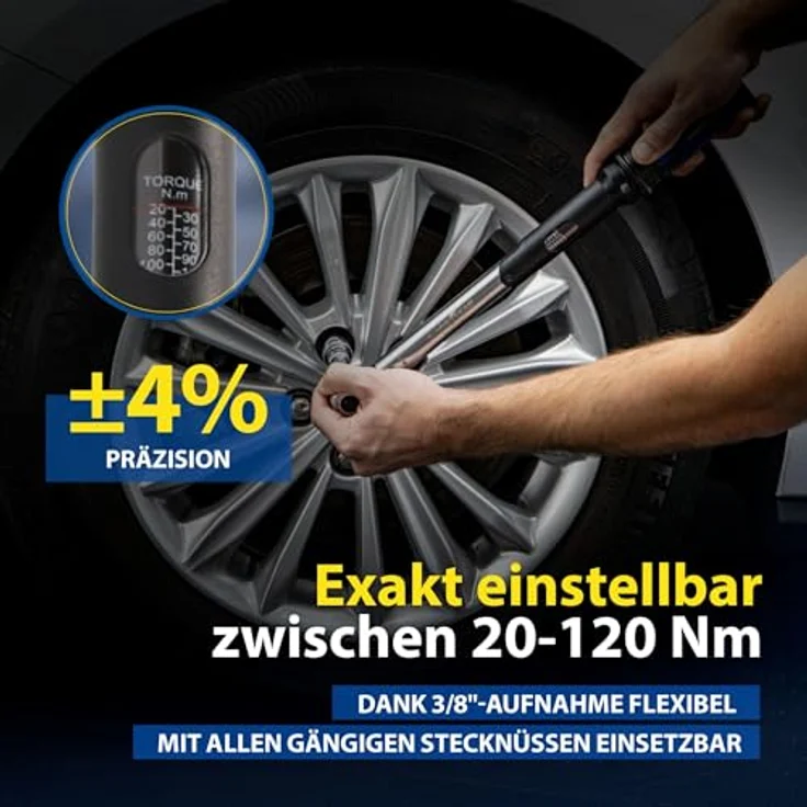 GOODYEAR Drehmomentschlüssel 20-120 Nm, 3/8“ Aufnahme, 72 Zähne, inkl. Adapter, Verlängerung und Aufbewahrungsbox für Reifenwechsel – Bild 3