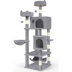 VOUNOT XXL Katzenbaum 168cm, Mehrstöckiger Katzenmöbel mit Korb, Hängematte und Plüschbällen, Dicke Stämme, Stabiler Kratzbaum für Katzen, Beige