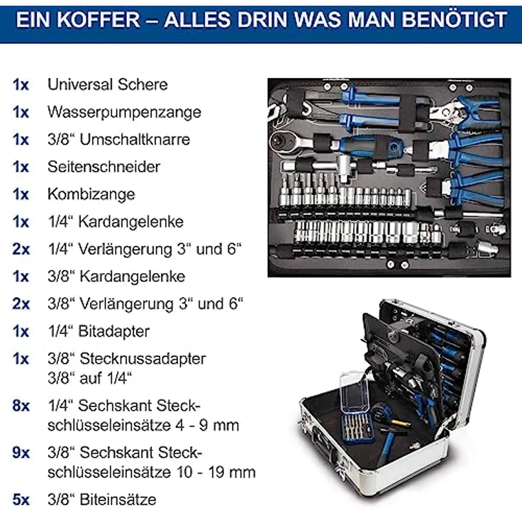 Scheppach Werkzeugkoffer TB150 | 101 teilig | Werkstattkoffer bestückt | Aluminium Koffer | Werkzeugkasten | Werkzeugset mit Zangen, Schlüssel, Schraubendreher, Metallsäge uvm. – Bild 5