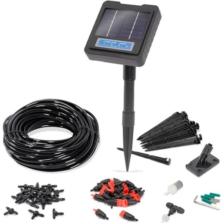 Esotec WaterDrops 20, kompaktes Solar Bewässerungssystem mit 20 Wassertropfern, automatischem Timer und energieeffizienter Tropfbewässerung für Garten, Balkon und Beete