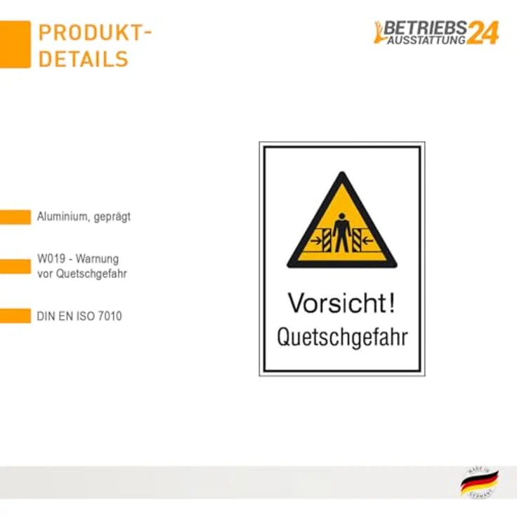 Betriebsausstattung24® Warn-Kombischild „Vorsicht! Quetschgefahr“ | Geprägtes Sicherheitsschild aus Aluminium, witterungsbeständig, 26,2 x 37,1 cm, zur einfachen Befestigung – Bild 4