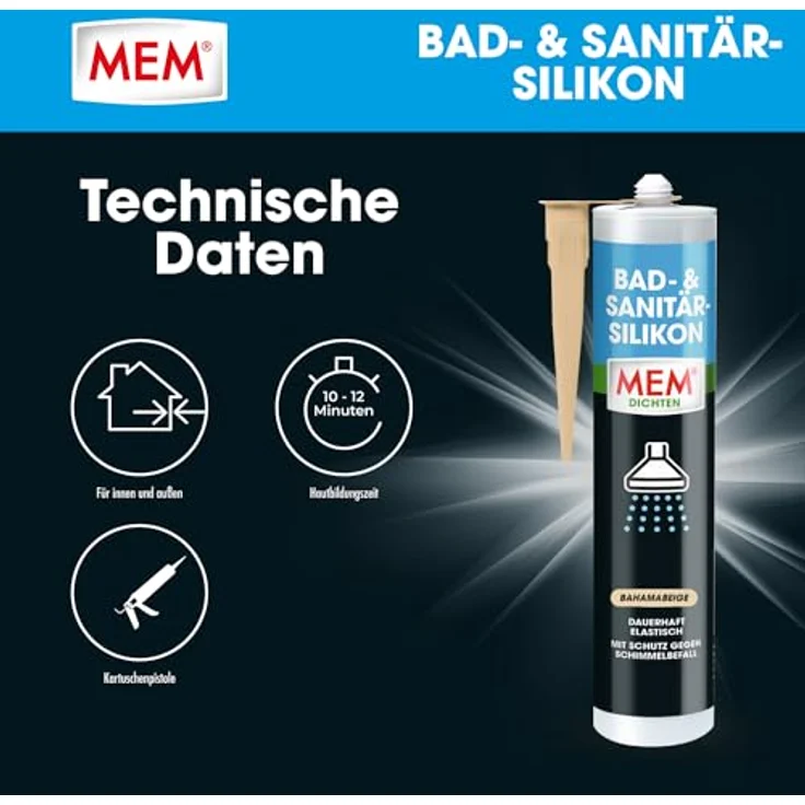 MEM Bad- & Sanitär-Silikon, Dauerhaft elastischer Dichtstoff mit Schimmel-Schutz, Gebrauchsfertig, Lösemittelfrei, 300 ml, Bahamabeige – Bild 2