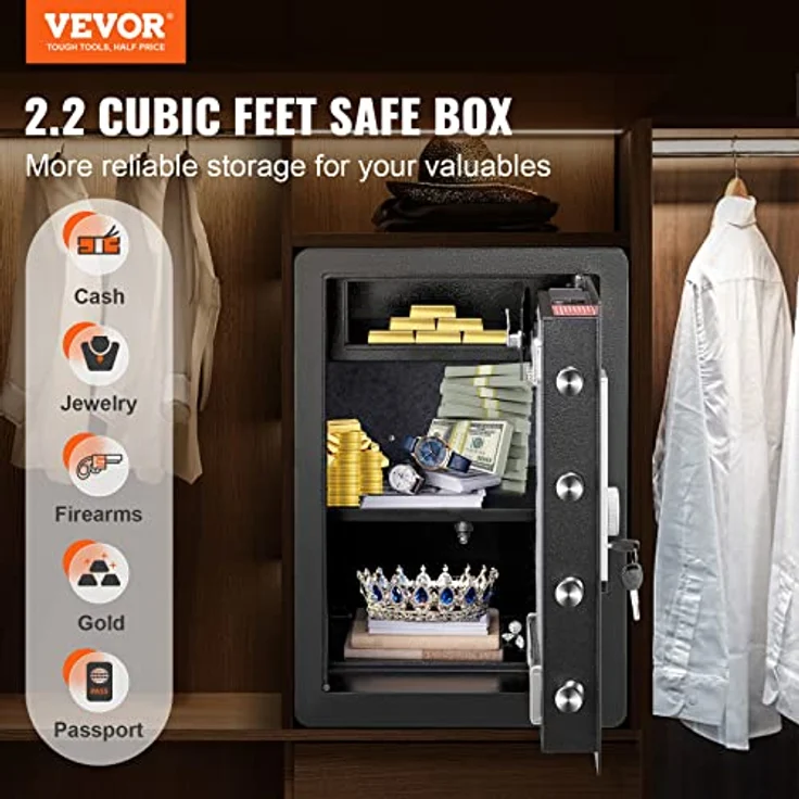 VEVOR Tresor Safe Tresor 2,2 Kubikfuß, Möbeltresor mit Feuerfester Geldtasche, Zuverlässiges Dreifach-Schloss-System, verstärktes legiertes Stahlmaterial – Bild 4
