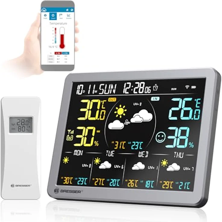 Bresser WLAN-Wetterstation Tuya Smart Home, 5-Tage-Vorhersage, Thermo-Hygrosensor, Verlauf, Wecker, Warnfunktion – Bild 1