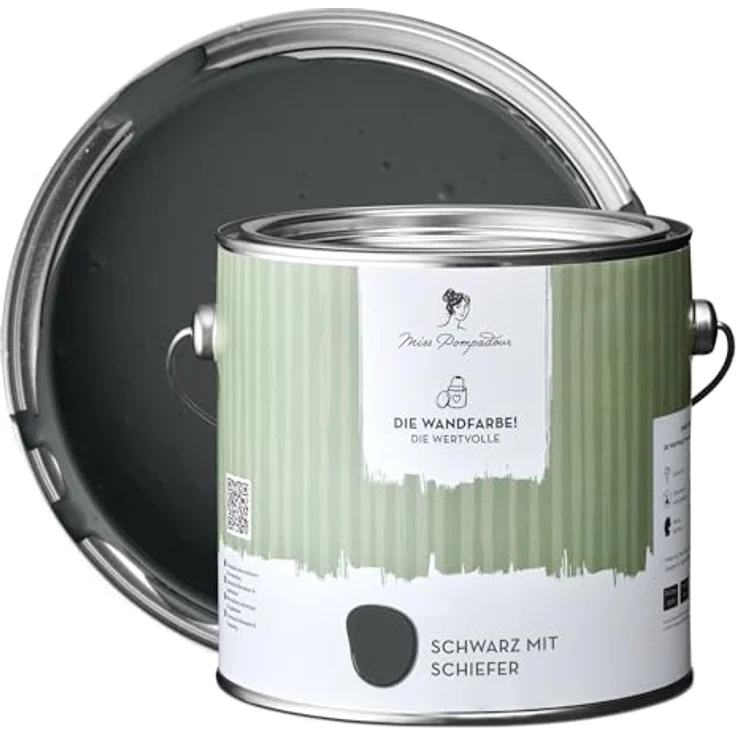 MissPompadour Wandfarbe Schwarz mit Schiefer, matte Innenfarbe mit sehr hoher Deckkraft, 2,5 L, geruchsneutral und spritzfrei, wasserbasiert – Bild 1