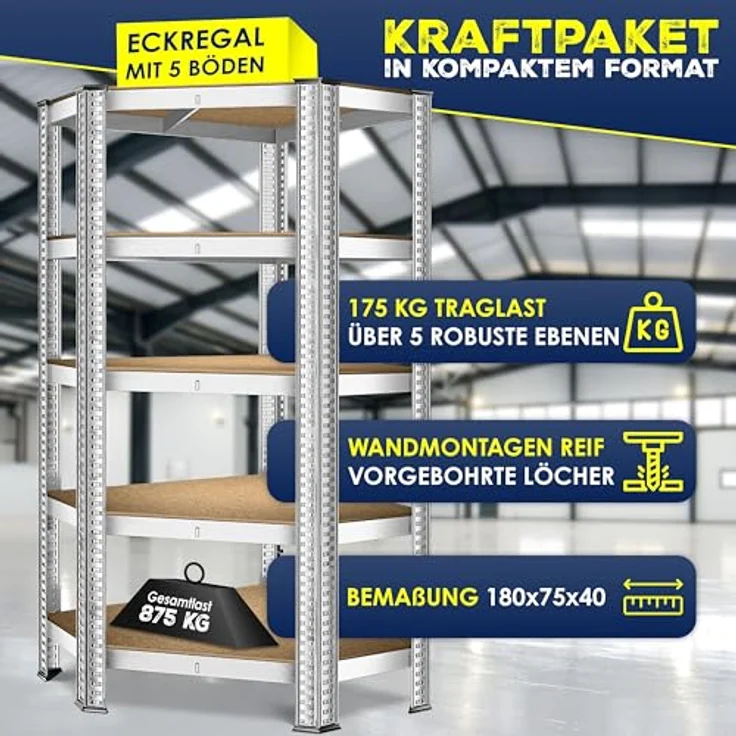 MASKO Eckregal Lagerregal Schwerlastregal, Kellerregal, 180x75x40cm , bis 875 kg, 5 verstellbare Ablagen, MDF-Platten Regal aus Metall, Steckregal, Werkstattregal, Keller, Garage Silber – Bild 4