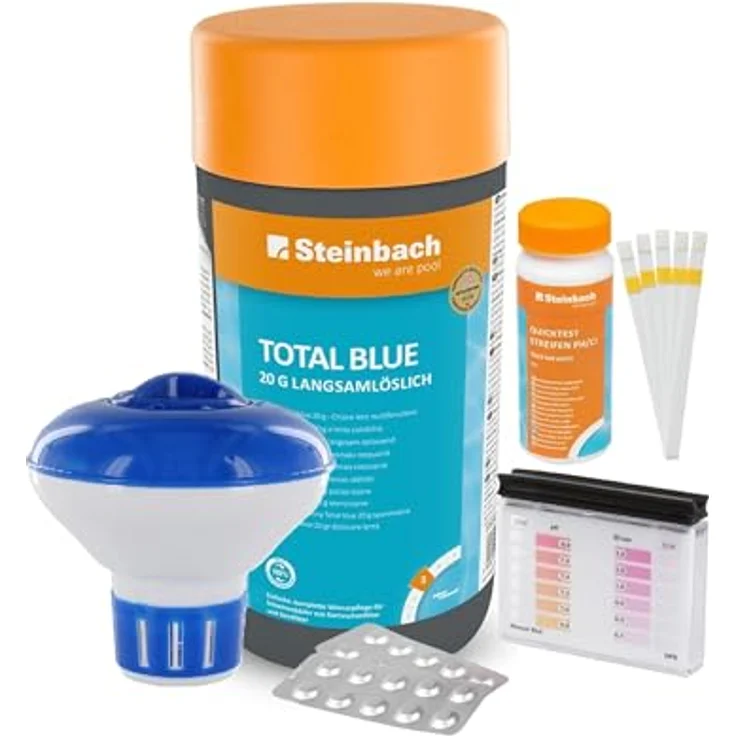 Steinbach Poolpflege Total Blue Starter-Set, inkl. 50 Teststreifen, Dosierschwimmer & Testkit für pH-Wert/Chlor, ideal zur Wasserkontrolle, für sauberes und kristallklares Poolwasser – Bild 1