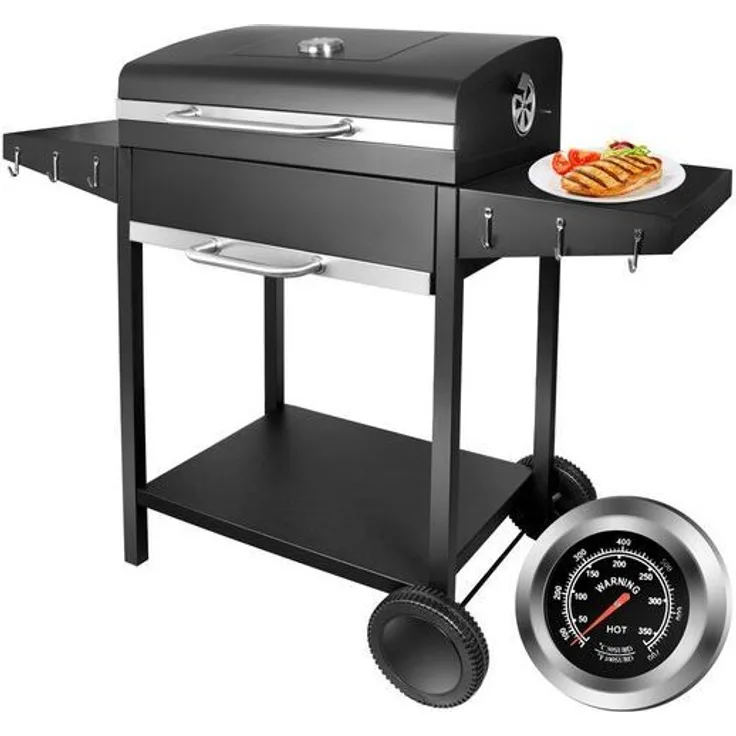 SunJas Holzkohlegrill CA-6146 Grillwagen mit Temperaturanzeige und Seitenablage, Kompakt, Schwarz