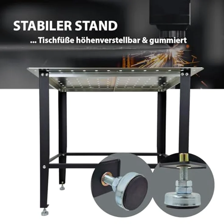 TRUTZHOLM Schweißtisch 91,5 x 61 x 80 cm, pulverbeschichtet, rostfrei, mit 3 mm galvanisch verzinkter Lochplatte und D16 Lochsystem, Tragkraft 200 kg, höhenverstellbare Füße, mattschwarz – Bild 5