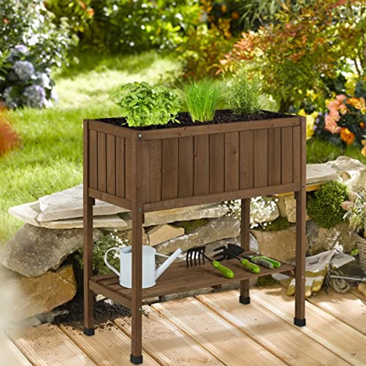 Relaxdays Hochbeet, Folie, Ablage, HxBxT: 80 x 74 x 38 cm, Garten, Balkon & Terrasse, Pflanztisch, Tannenholz, braun – Bild 2