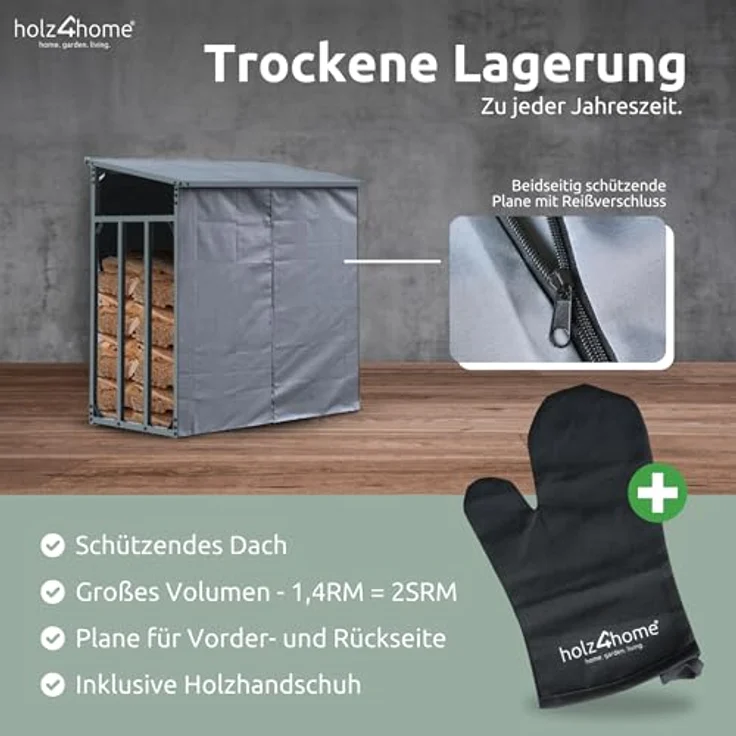 holz4home® Kaminholzregal Außen, Holzlager mit Überdachung, 140 x 70 x 145 cm, inkl. Ofenhandschuh, robuste schwarze Metallkonstruktion – Bild 3