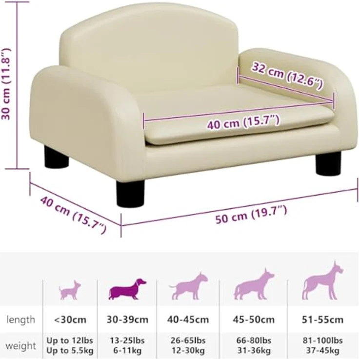 vidaXL Hundekorb Hundebett Creme 50x40x30 cm Kunstleder Körbchen Hundesofa, Wasserabweisend, Stilvolles Design, Max. 50 kg Tragkraft – Bild 3