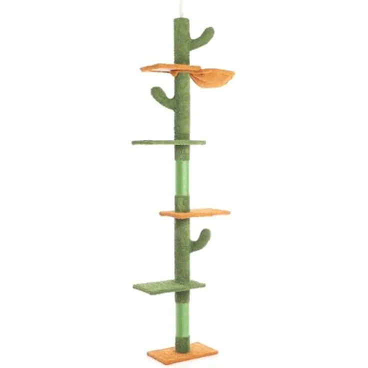 Fudajo Kratzbaum deckenhoch 229–275 cm in Grün, Katzenkratzbaum mit 4 Ebenen, höhenverstellbarer Deckenspanner und Sisal Polsterung – Bild 2