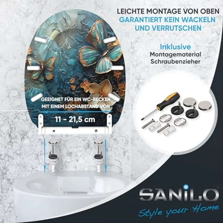 Sanilo WC Sitz mit Absenkautomatik Top Fix Mariposa, antibakterielle Holz-Oberfläche, verstellbare Scharniere, 4-seitiger Druck – Bild 5