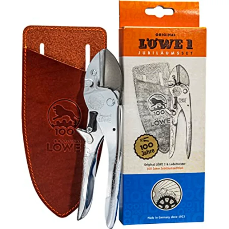 Original LÖWE 1, 100 Jahre Jubiläumsedition - Profi Gartenschere Amboss Schere 1.100 aus Metall mit rostfreier Stahlklinge zusammen mit handgefertigtem Lederholster