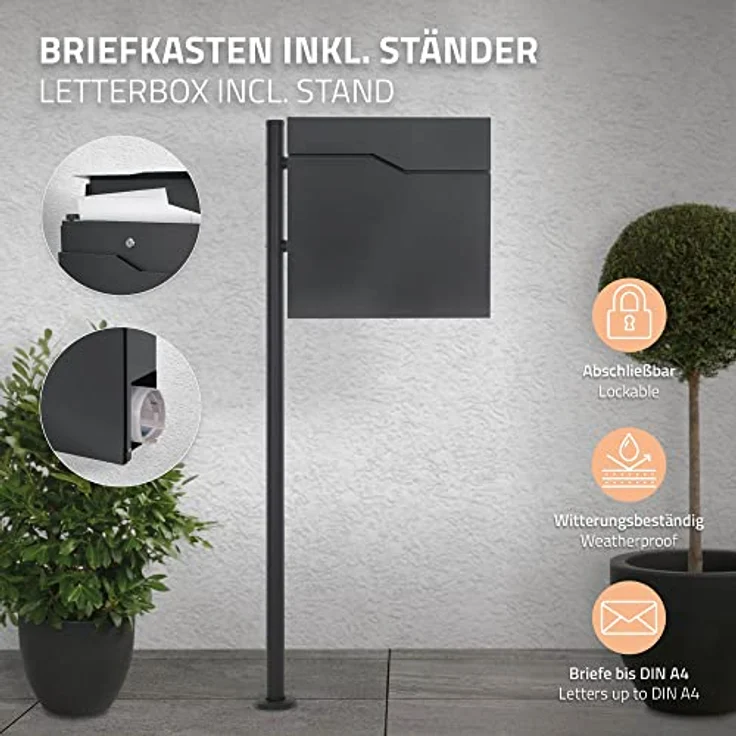 ECD Germany Standbriefkasten mit Zeitungsfach, Design Briefkasten mit Pfosten, Briefkastenanlage, Briefkastenständer Anthrazit 120cm Edelstahl, Postkasten Anthrazit 37x37cm Edelstahl pulverbechichtet – Bild 2