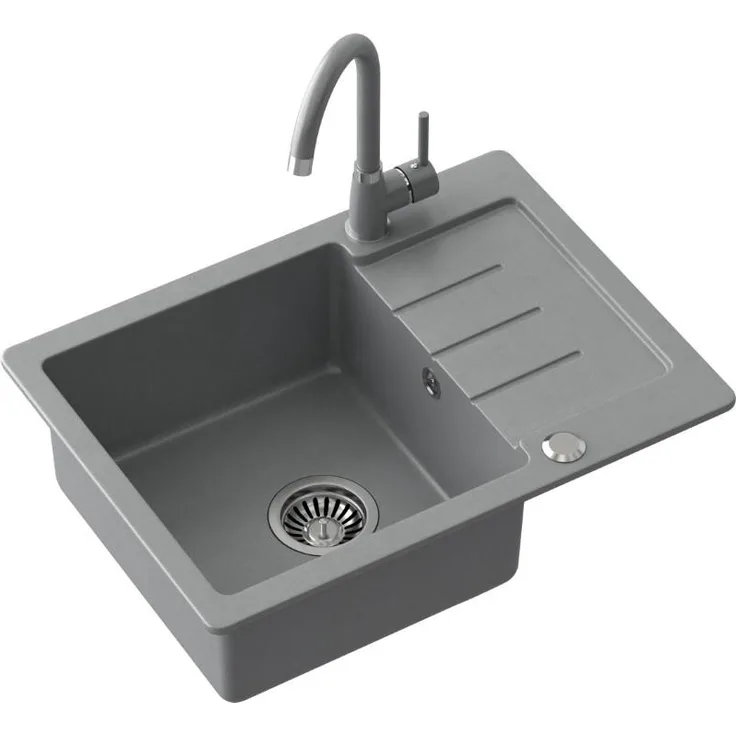 QUADRON JOHNNY 116 Granitspüle, Einzelbecken-Spüle 44 x 60 x 18,5 cm, grau & Stahl, Einbauspüle mit Hahnloch, hohe Widerstandsfähigkeit und hygienische Oberfläche