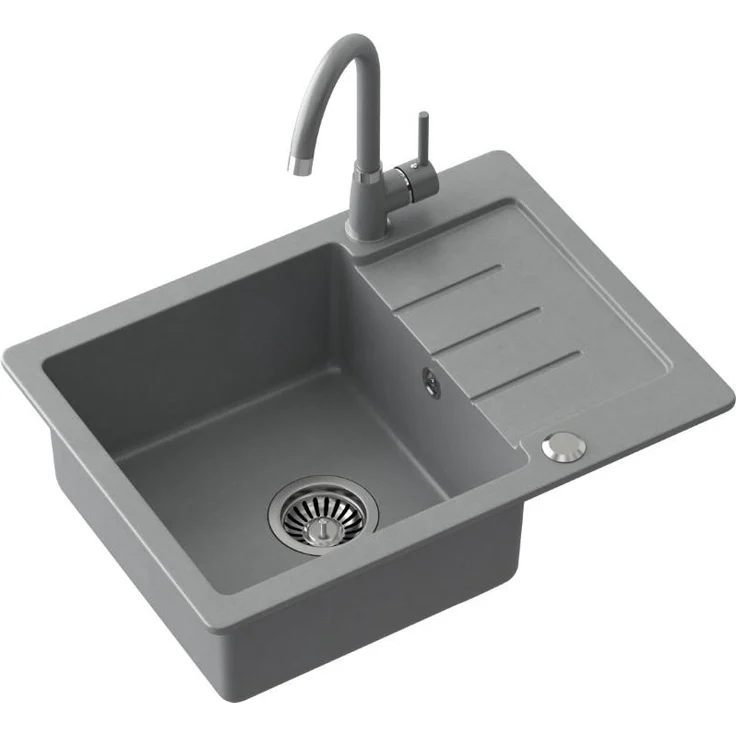 QUADRON JOHNNY 116 Granitspüle, Einzelbecken-Spüle 44 x 60 x 18,5 cm, grau & Stahl, Einbauspüle mit Hahnloch, hohe Widerstandsfähigkeit und hygienische Oberfläche